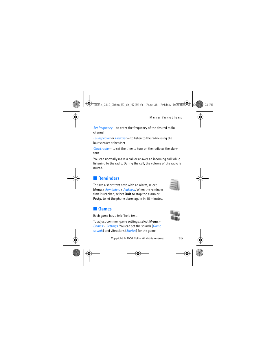 Reminders, Games, Reminders games | Nokia 2310 User Manual | Page 37 / 58