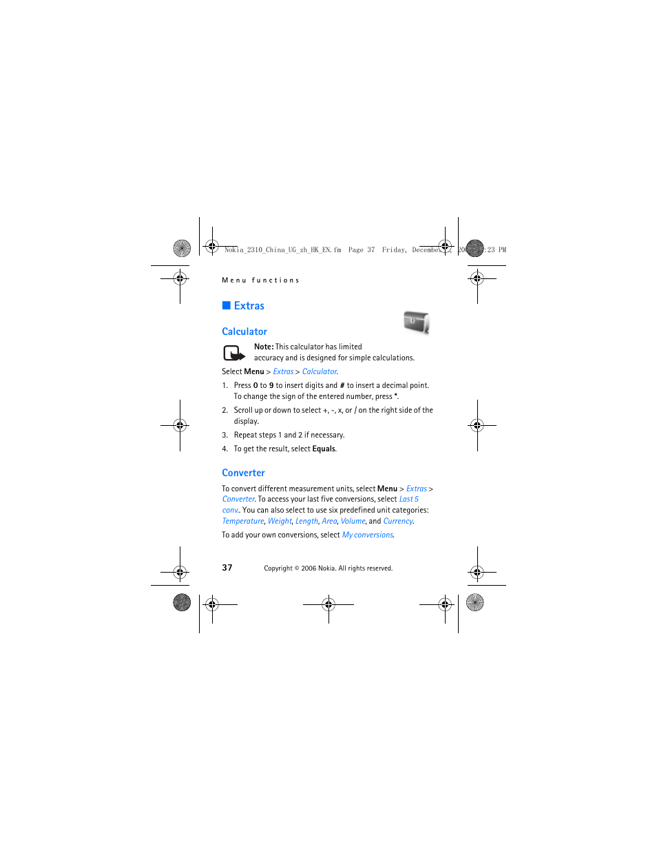 Extras, Calculator, Converter | Calculator converter | Nokia 2310 User Manual | Page 38 / 58