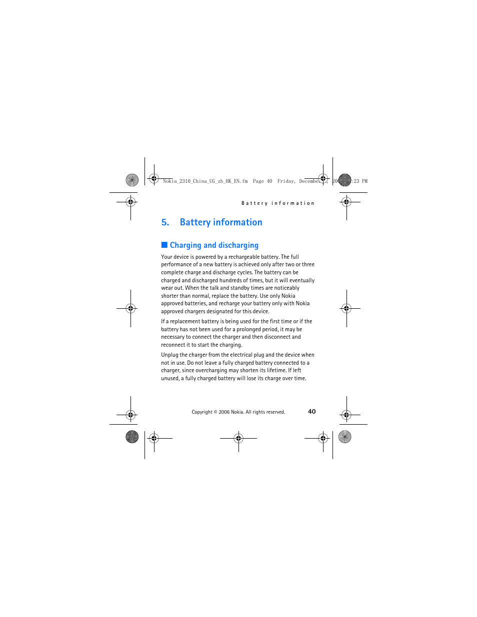 Battery information, Charging and discharging | Nokia 2310 User Manual | Page 41 / 58