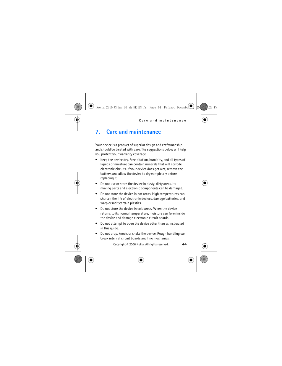 Care and maintenance | Nokia 2310 User Manual | Page 45 / 58