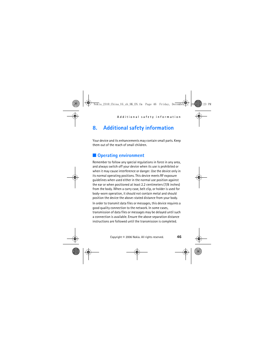 Additional safety information, Operating environment | Nokia 2310 User Manual | Page 47 / 58