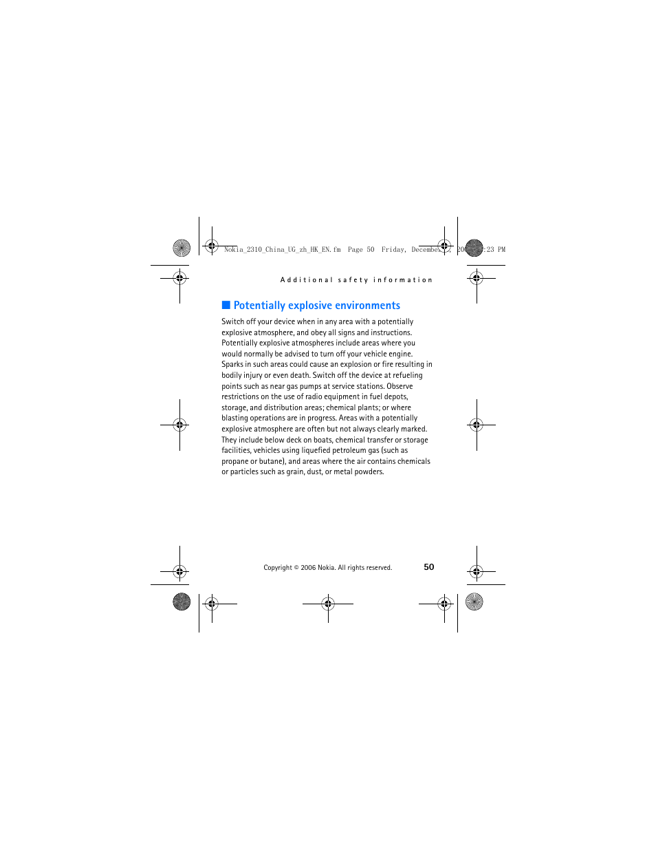 Potentially explosive environments | Nokia 2310 User Manual | Page 51 / 58