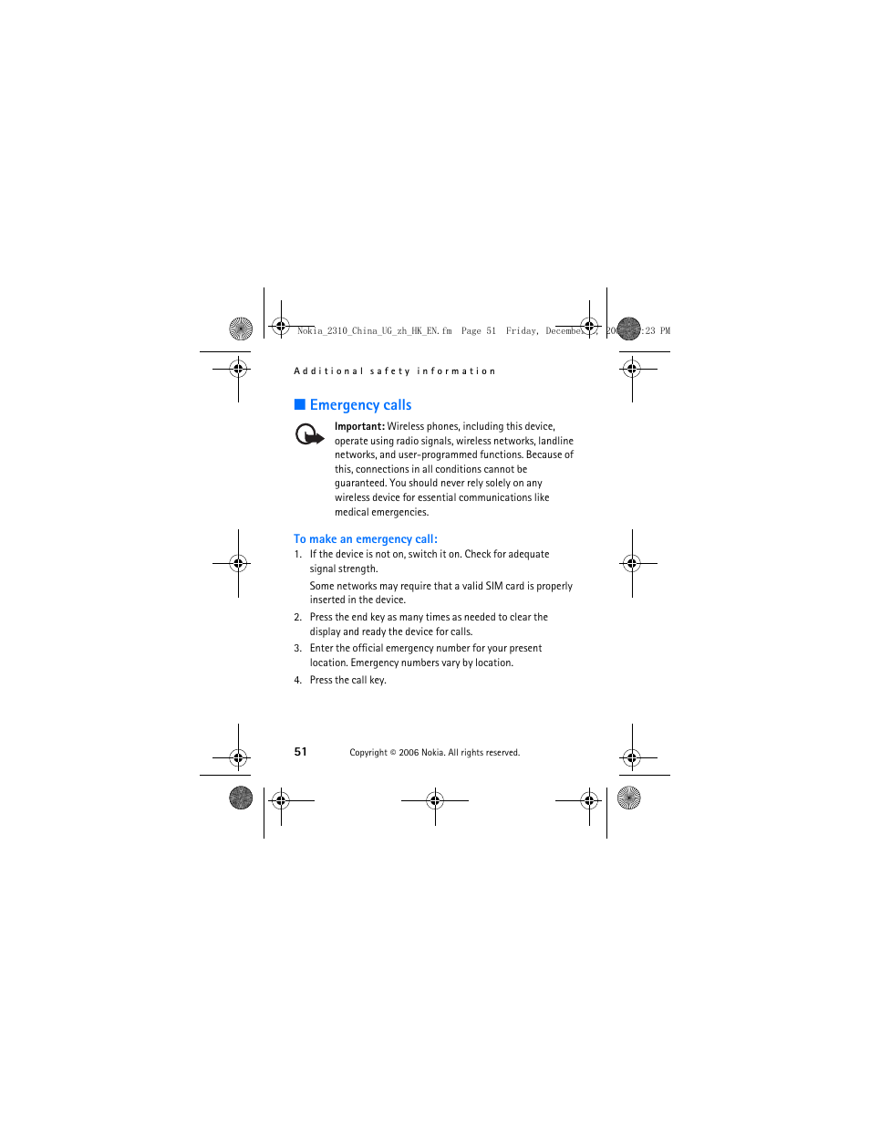 Emergency calls | Nokia 2310 User Manual | Page 52 / 58