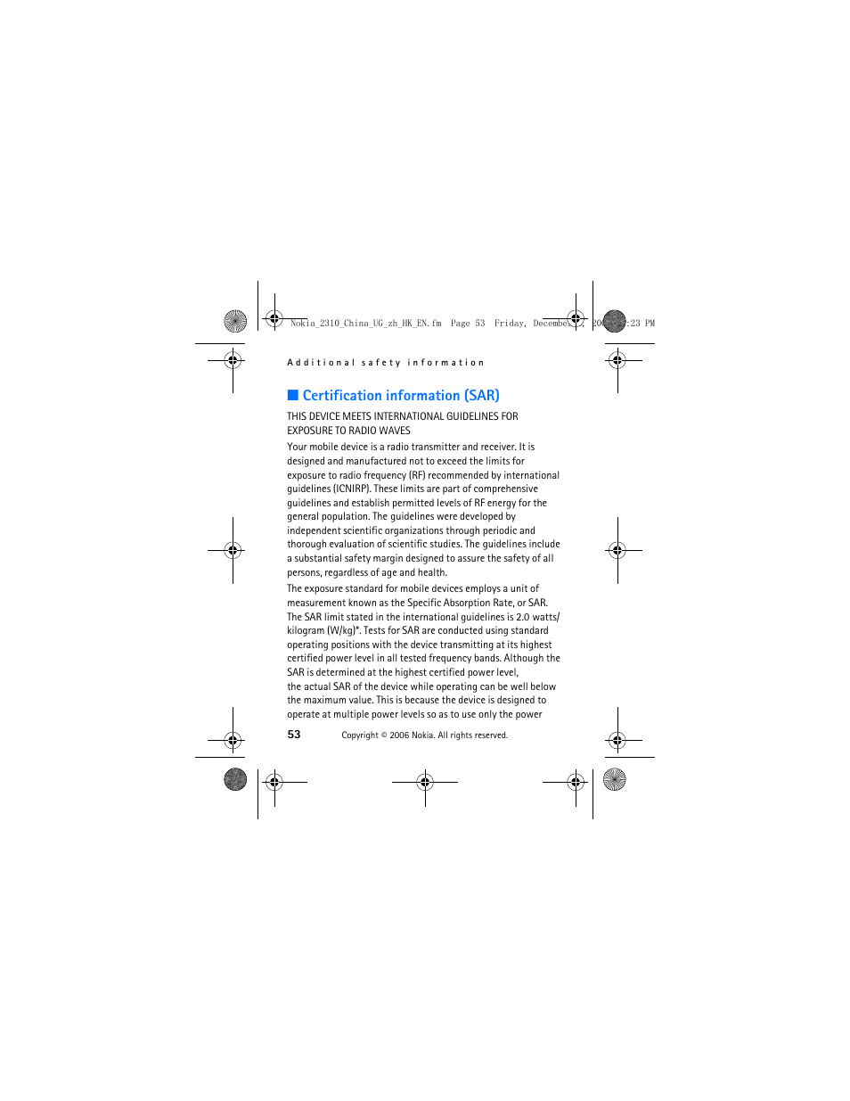 Certification information (sar) | Nokia 2310 User Manual | Page 54 / 58