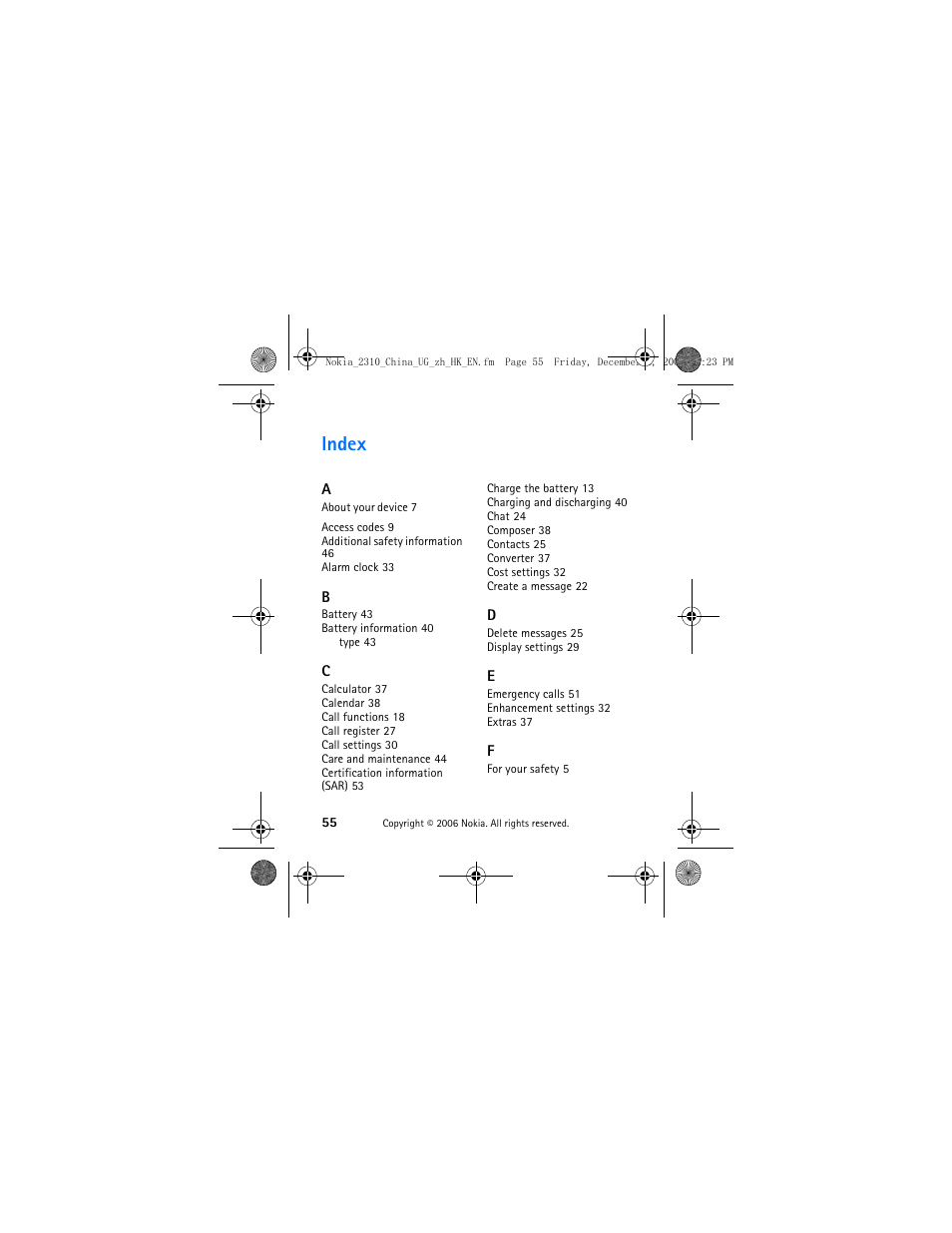 Index | Nokia 2310 User Manual | Page 56 / 58