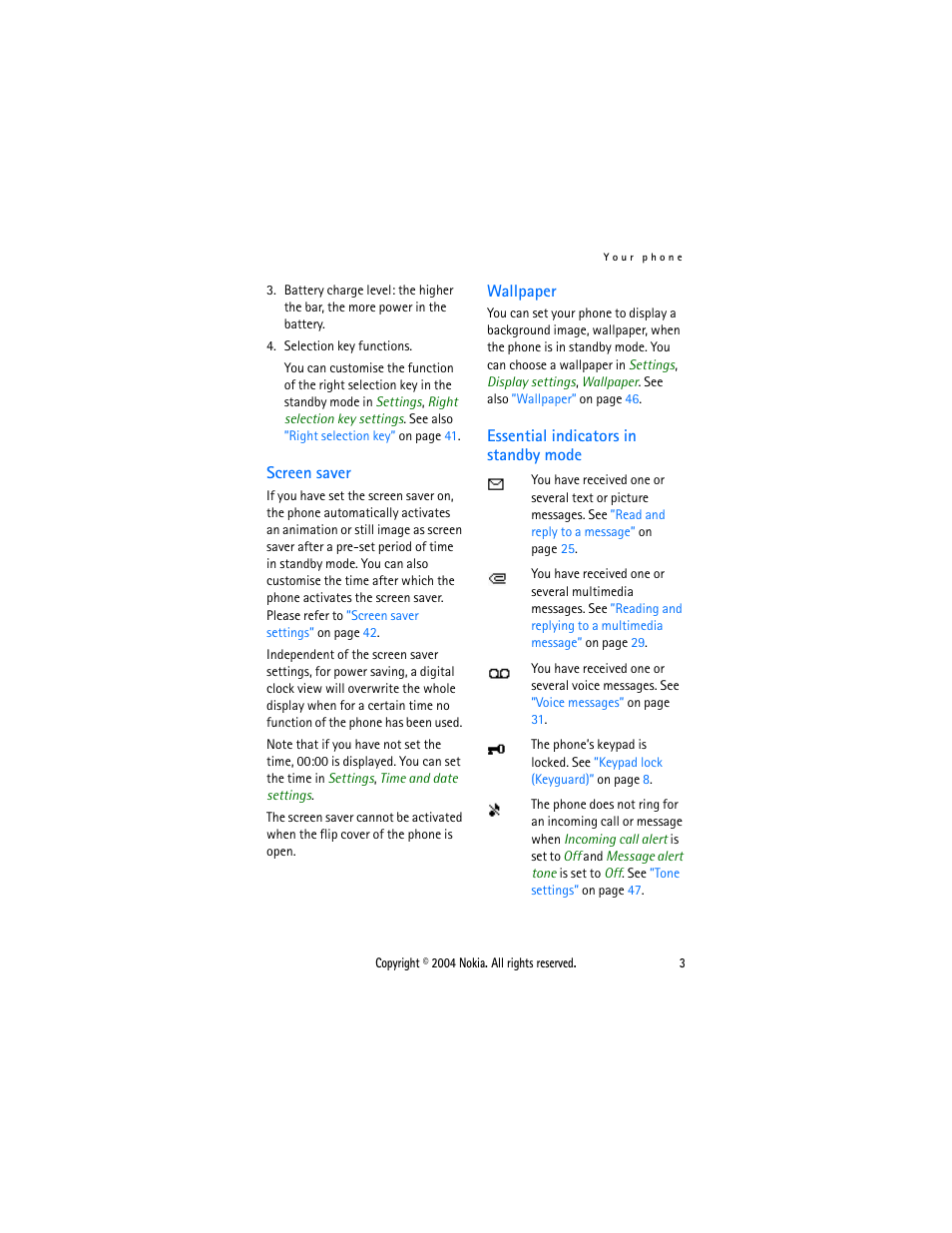 Screen saver, Wallpaper, Essential indicators in standby mode | Nokia 3108 User Manual | Page 14 / 92