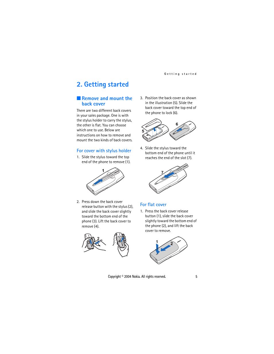 Getting started, Remove and mount the back cover, For cover with stylus holder | For flat cover, For cover with stylus holder for flat cover | Nokia 3108 User Manual | Page 16 / 92