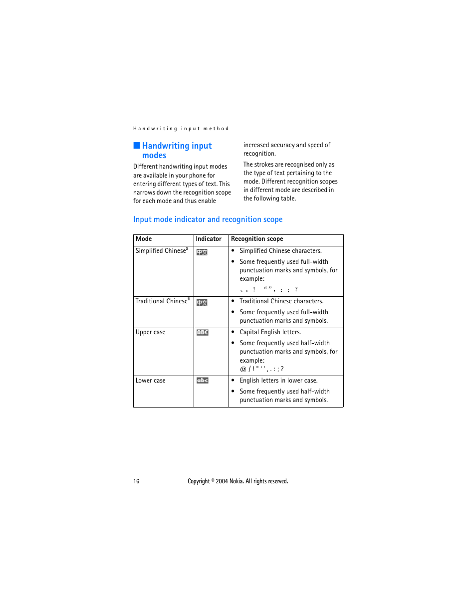 Handwriting input modes, Input mode indicator and recognition scope | Nokia 3108 User Manual | Page 27 / 92