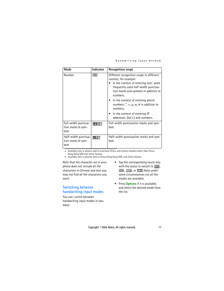 Switching between handwriting input modes | Nokia 3108 User Manual | Page 28 / 92