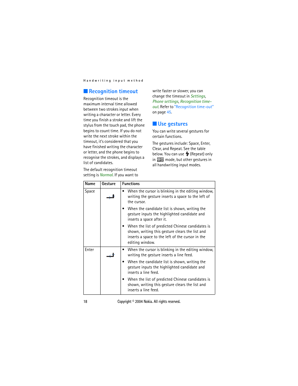 Recognition timeout, Use gestures, Recognition timeout use gestures | Nokia 3108 User Manual | Page 29 / 92