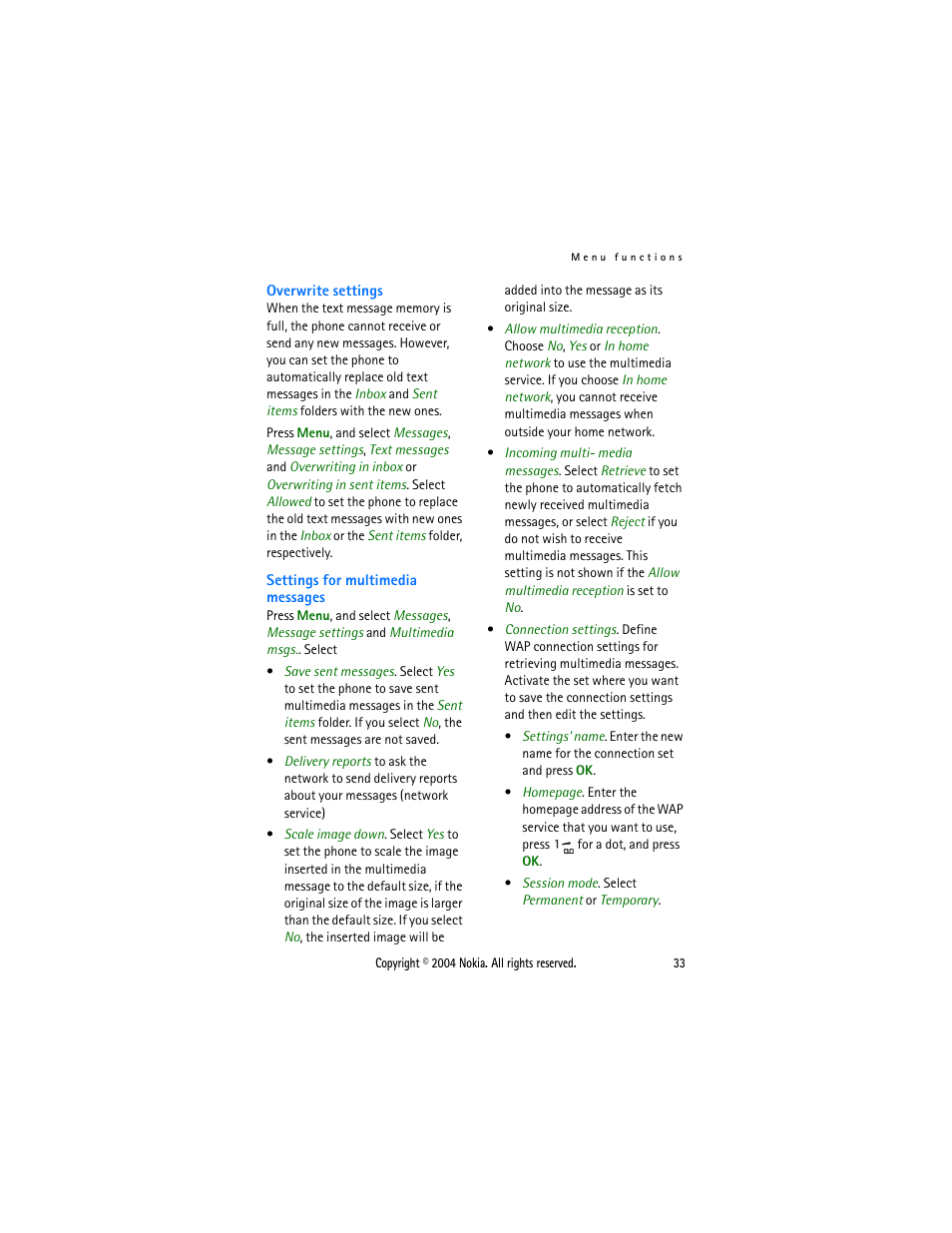 Settings for, Multimedia messages, Settings for multimedia messages | Nokia 3108 User Manual | Page 44 / 92