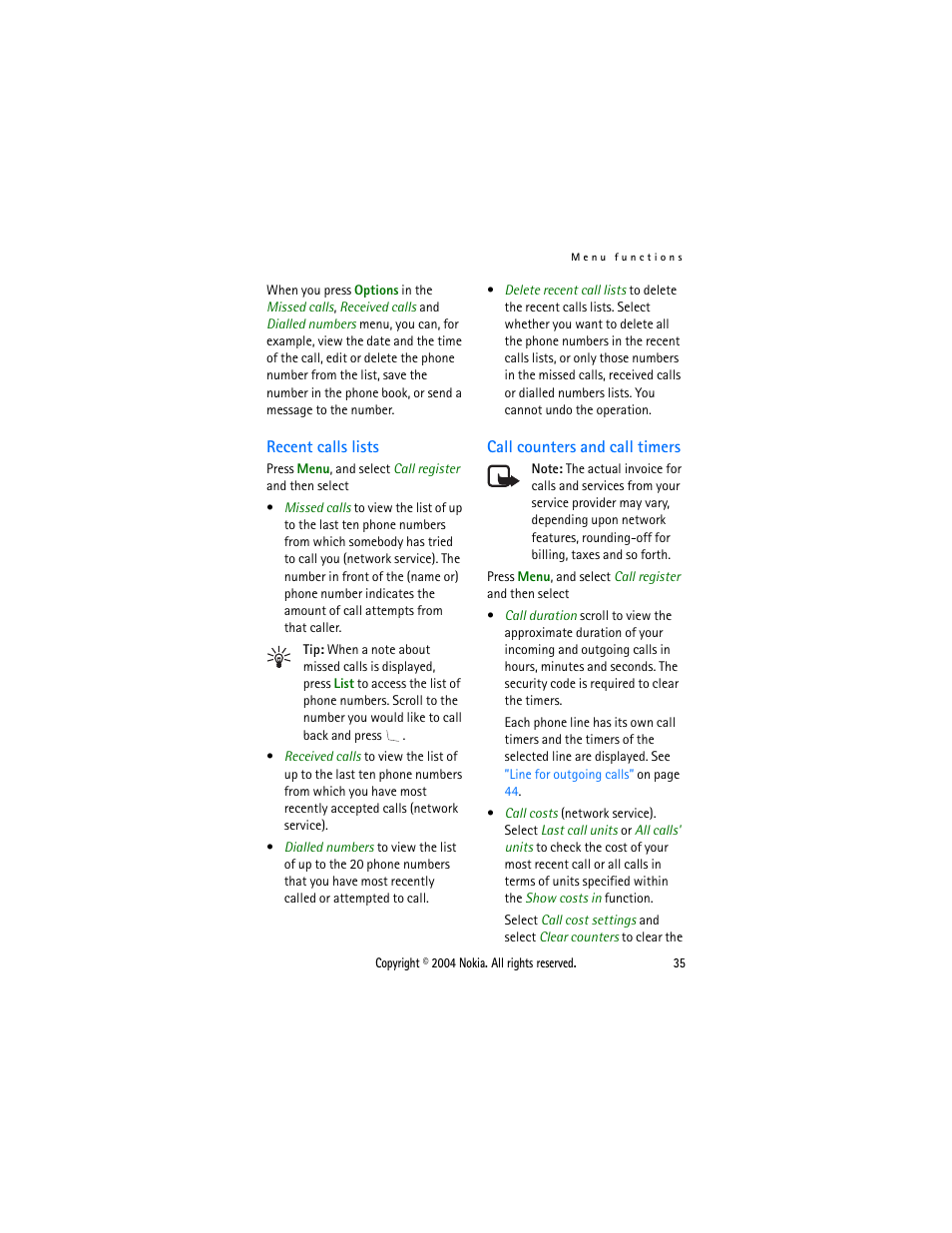 Recent calls lists, Call counters and call timers, Recent calls lists call counters and call timers | Nokia 3108 User Manual | Page 46 / 92