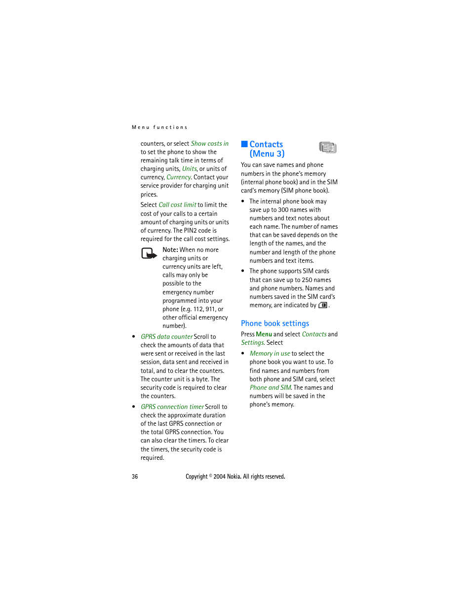 Contacts (menu 3), Phone book settings | Nokia 3108 User Manual | Page 47 / 92