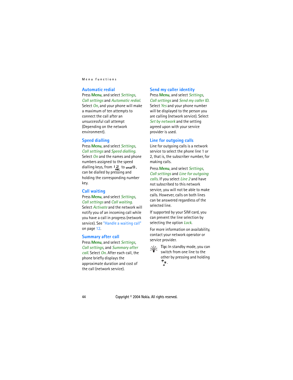 Line for outgoing calls, Automatic redial, On. see also | Speed, Dialling, Call waiting, Line, For outgoing calls, Speed dialling | Nokia 3108 User Manual | Page 55 / 92