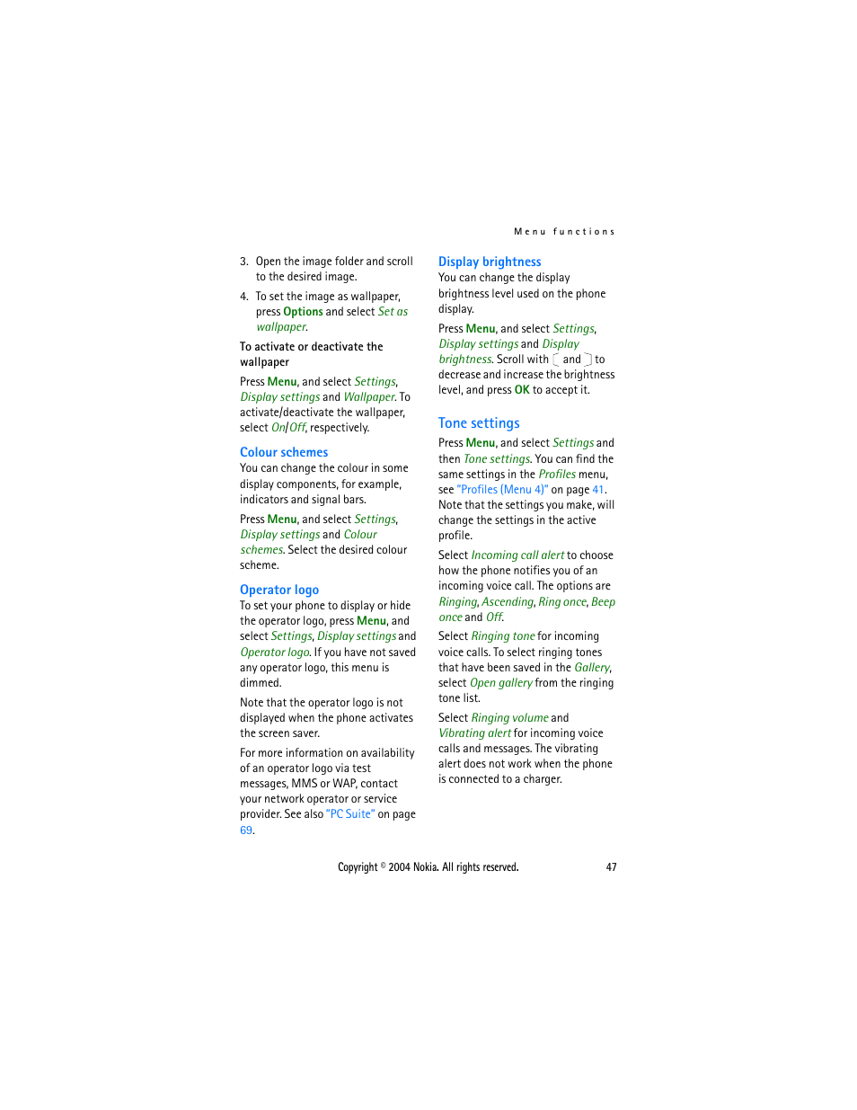 Tone settings, Tone, Settings | Nokia 3108 User Manual | Page 58 / 92