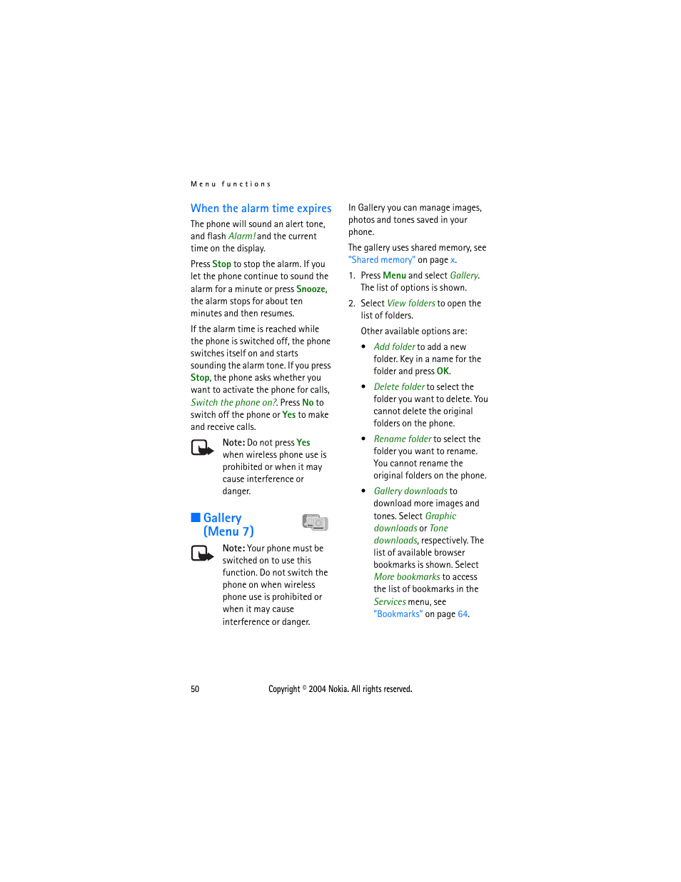 When the alarm time expires, Gallery (menu 7), Note that copyright | Nokia 3108 User Manual | Page 61 / 92