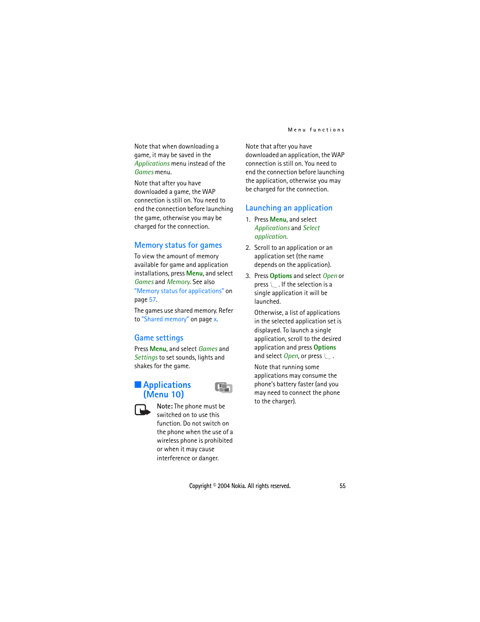 Memory status for games, Game settings, Applications (menu 10) | Launching an application, Memory status for games game settings | Nokia 3108 User Manual | Page 66 / 92