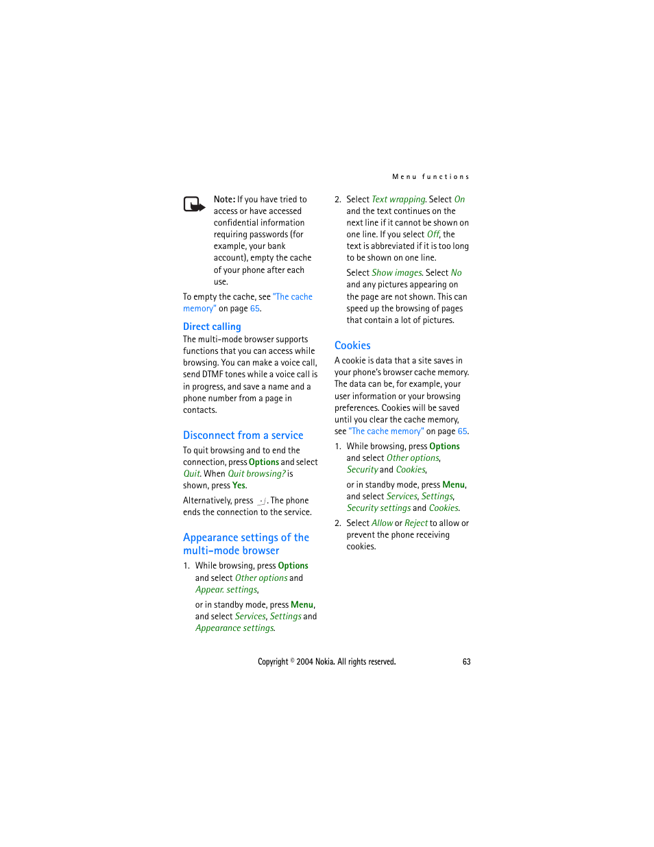 Disconnect from a service, Appearance settings of the multi-mode browser, Cookies | Disconnect from a, Service | Nokia 3108 User Manual | Page 74 / 92