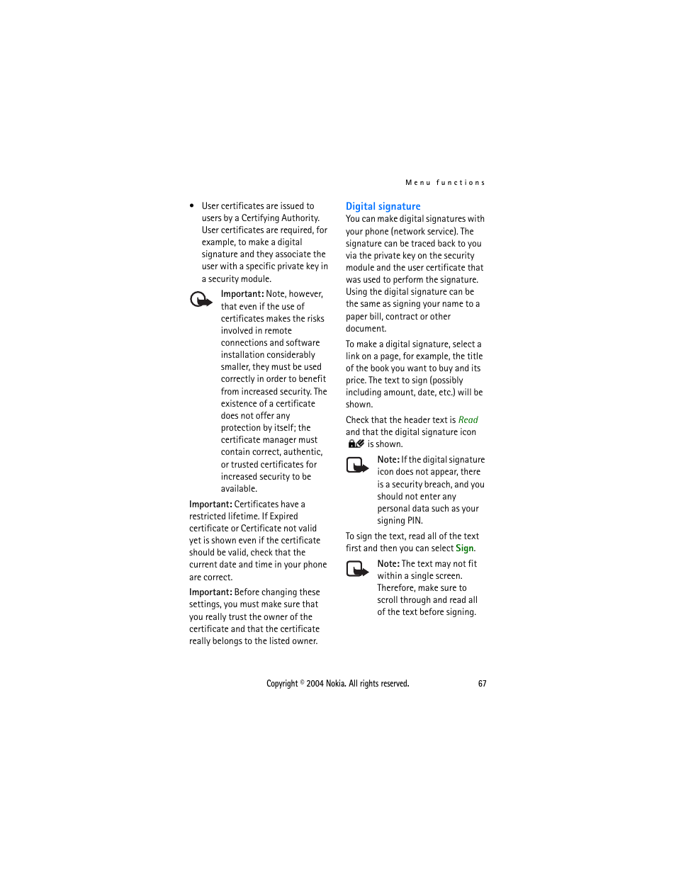 Digital signature, The signing pin is supplied | Nokia 3108 User Manual | Page 78 / 92