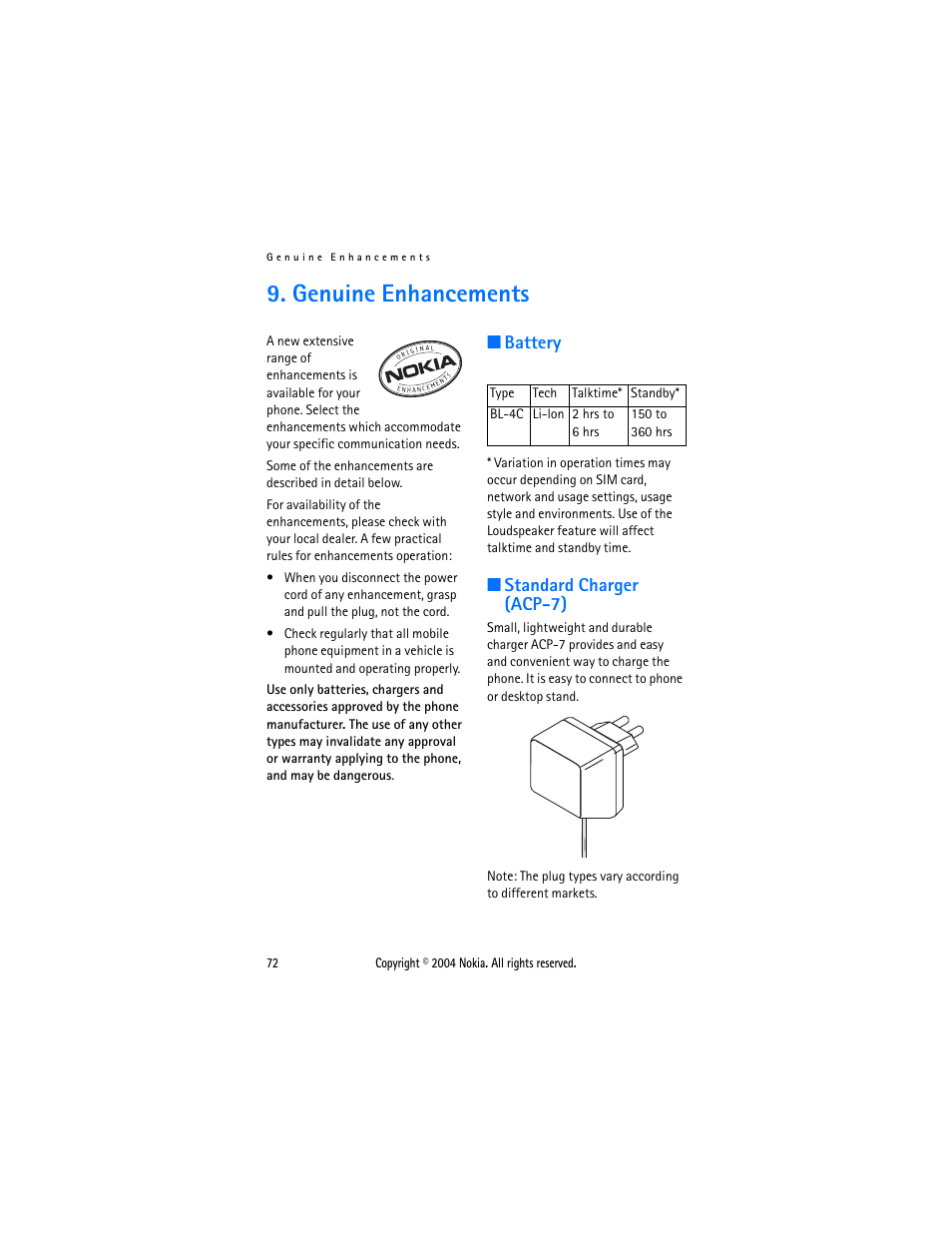 Genuine enhancements, Battery, Standard charger (acp-7) | Battery standard charger (acp-7) | Nokia 3108 User Manual | Page 83 / 92