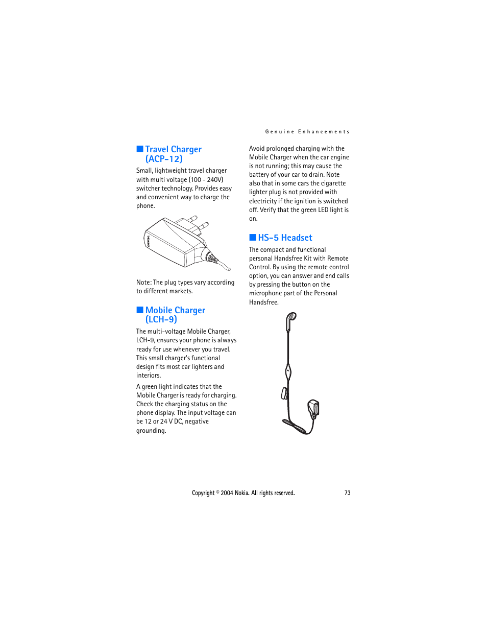 Travel charger (acp-12), Mobile charger (lch-9), Hs-5 headset | Nokia 3108 User Manual | Page 84 / 92