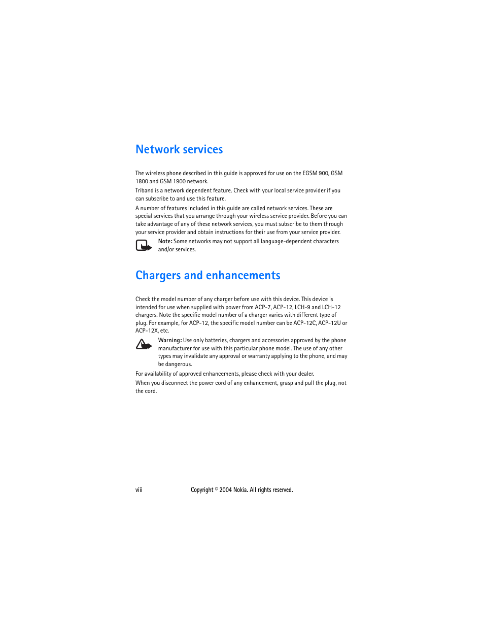 Network services, Chargers and enhancements | Nokia 3108 User Manual | Page 9 / 92