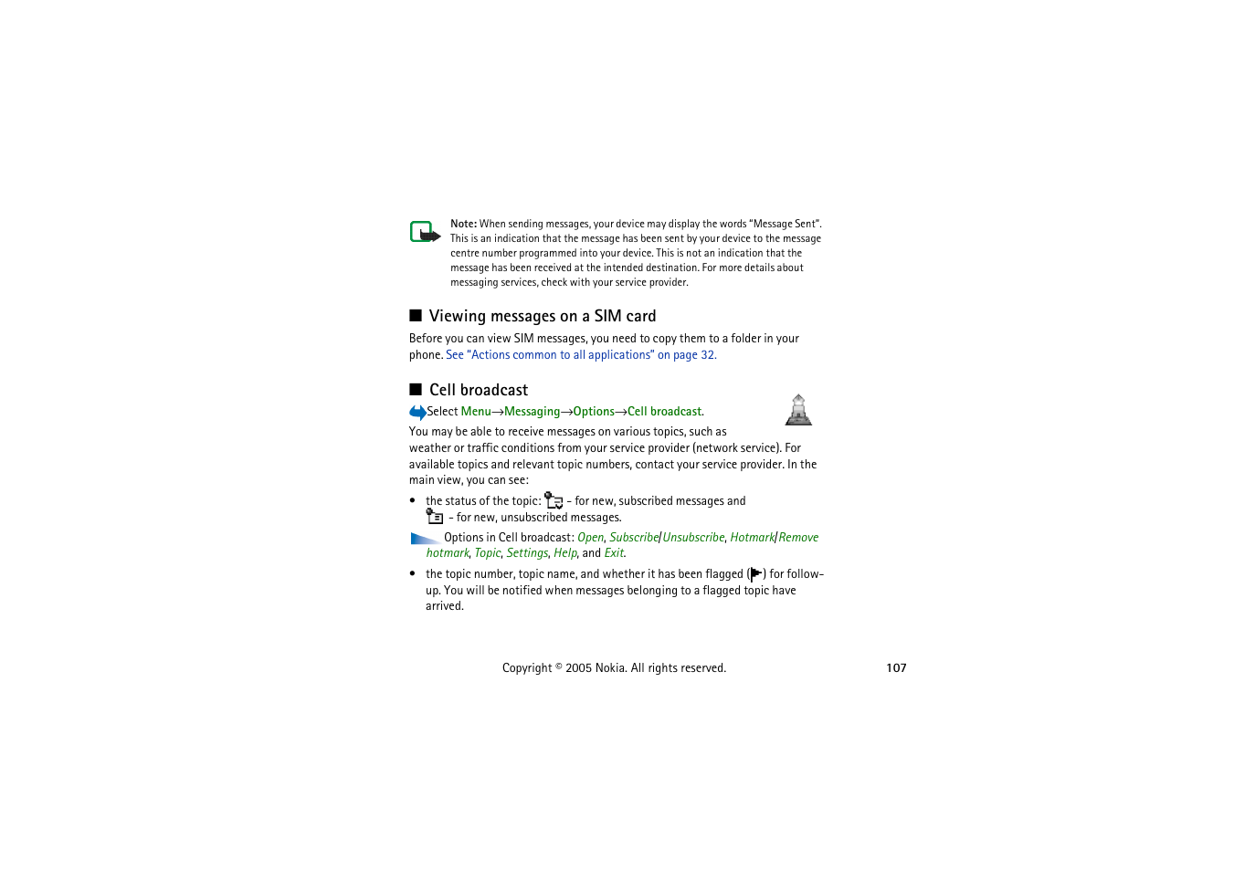 Viewing messages on a sim card, Cell broadcast, Viewing messages on a sim card cell broadcast | Nokia 3230 User Manual | Page 107 / 210