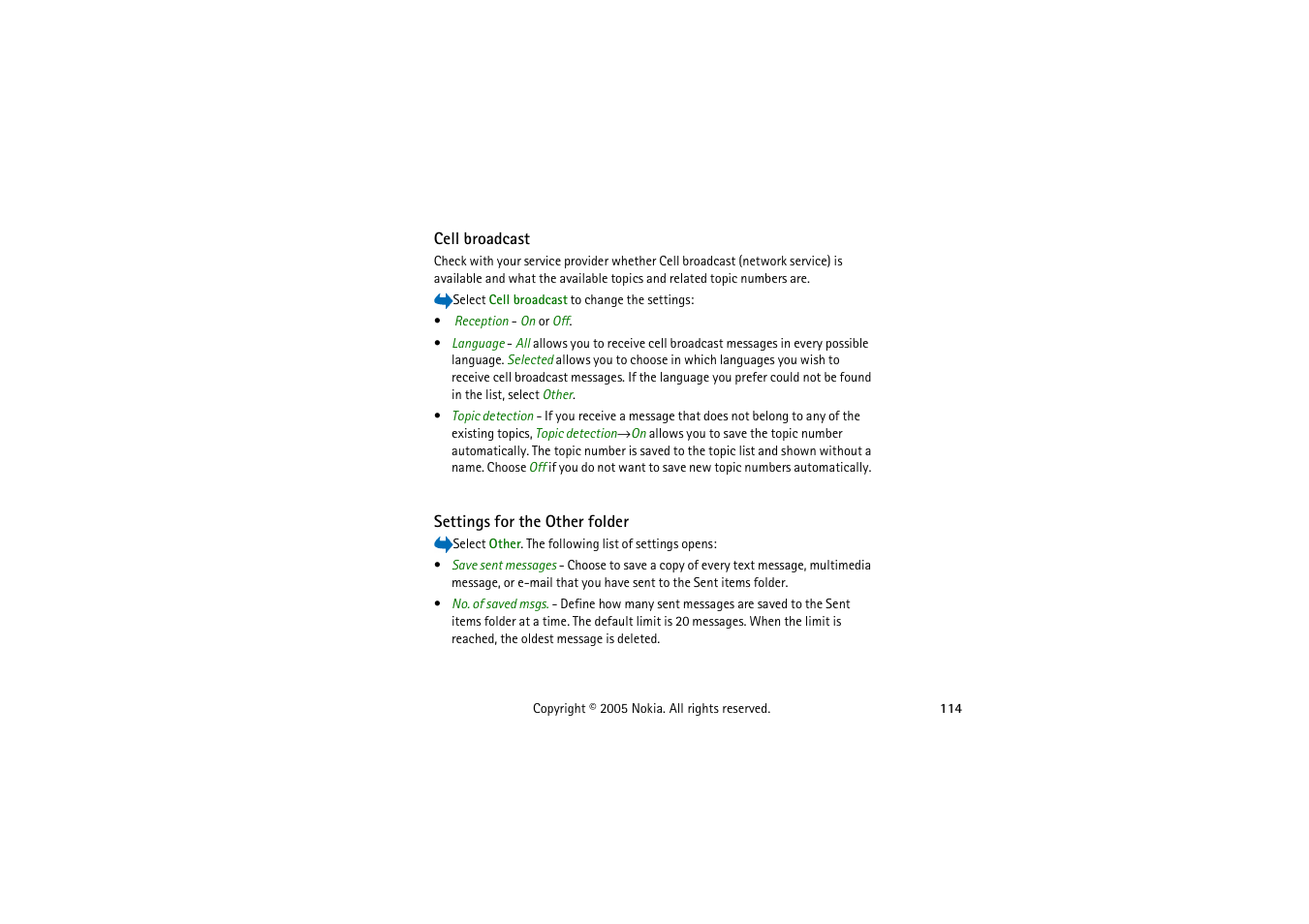Cell broadcast, Settings for the other folder, Cell broadcast settings for the other folder | Nokia 3230 User Manual | Page 114 / 210