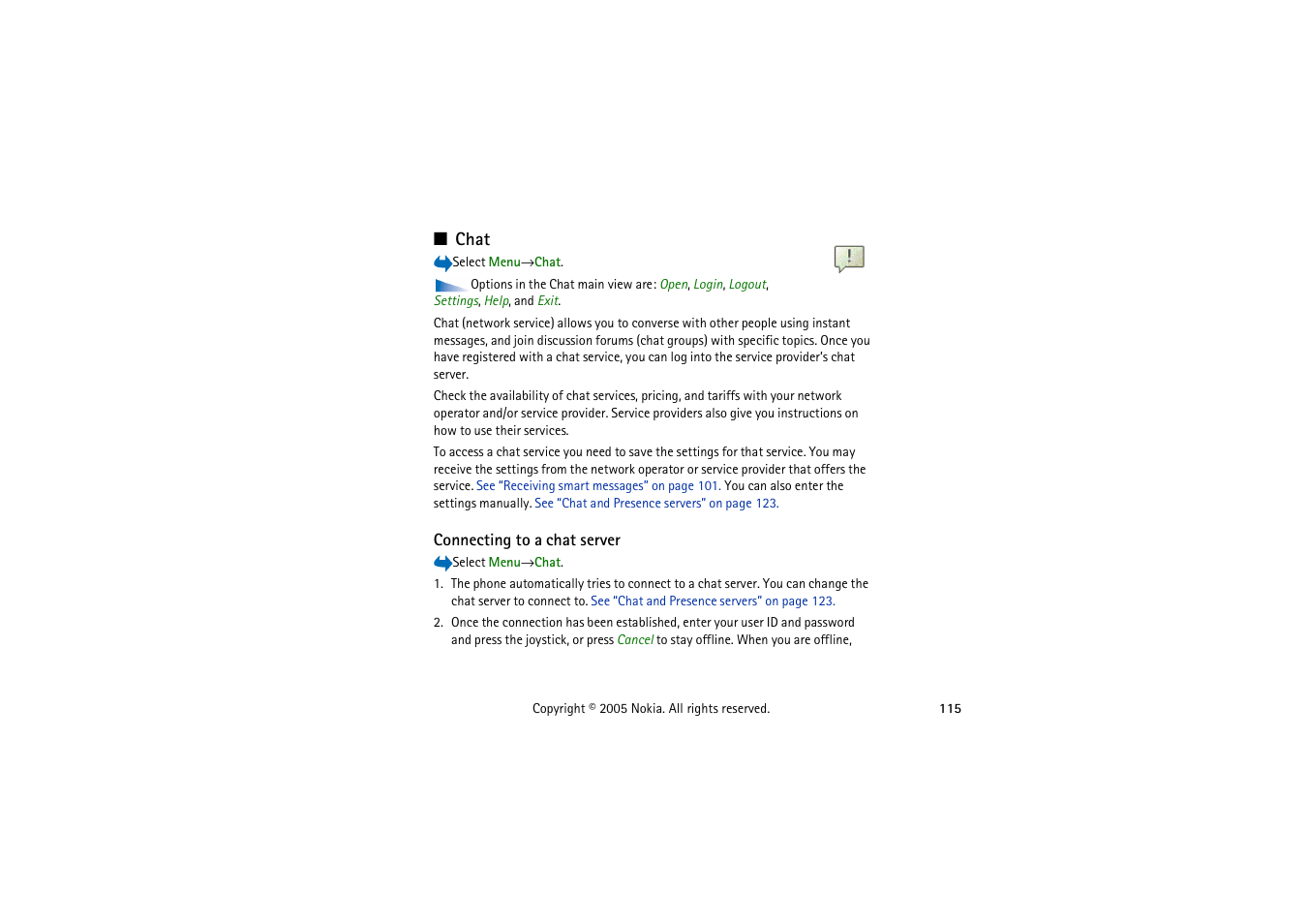 Chat, Connecting to a chat server | Nokia 3230 User Manual | Page 115 / 210
