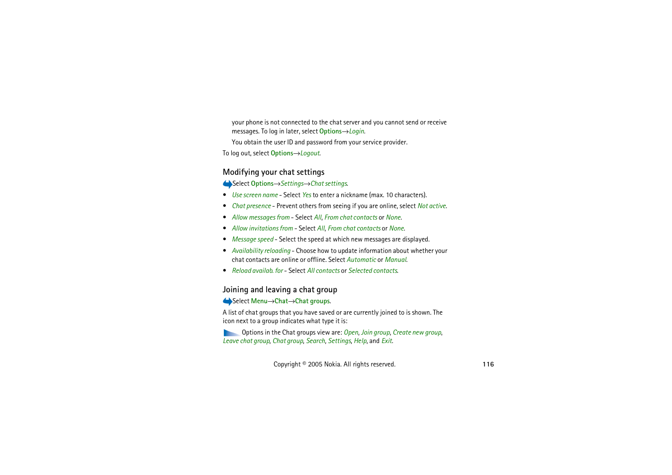Modifying your chat settings, Joining and leaving a chat group | Nokia 3230 User Manual | Page 116 / 210