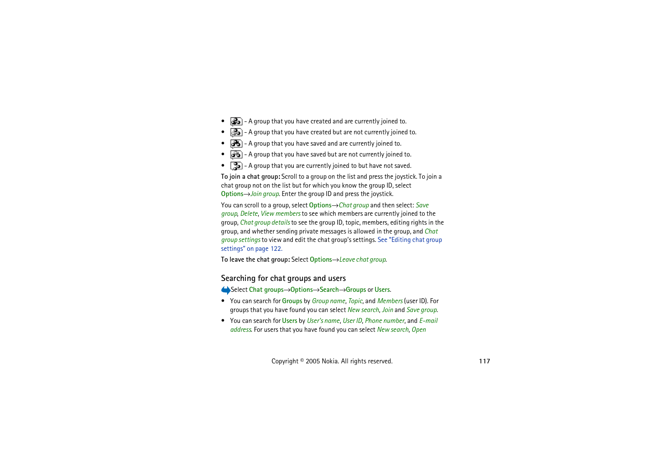 Searching for chat groups and users | Nokia 3230 User Manual | Page 117 / 210