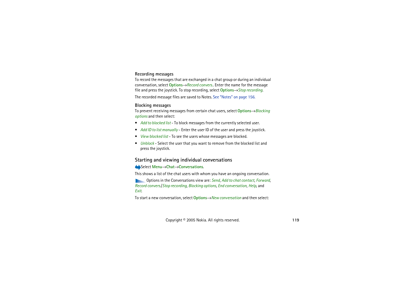 Recording messages, Blocking messages, Starting and viewing individual conversations | Recording messages blocking messages | Nokia 3230 User Manual | Page 119 / 210
