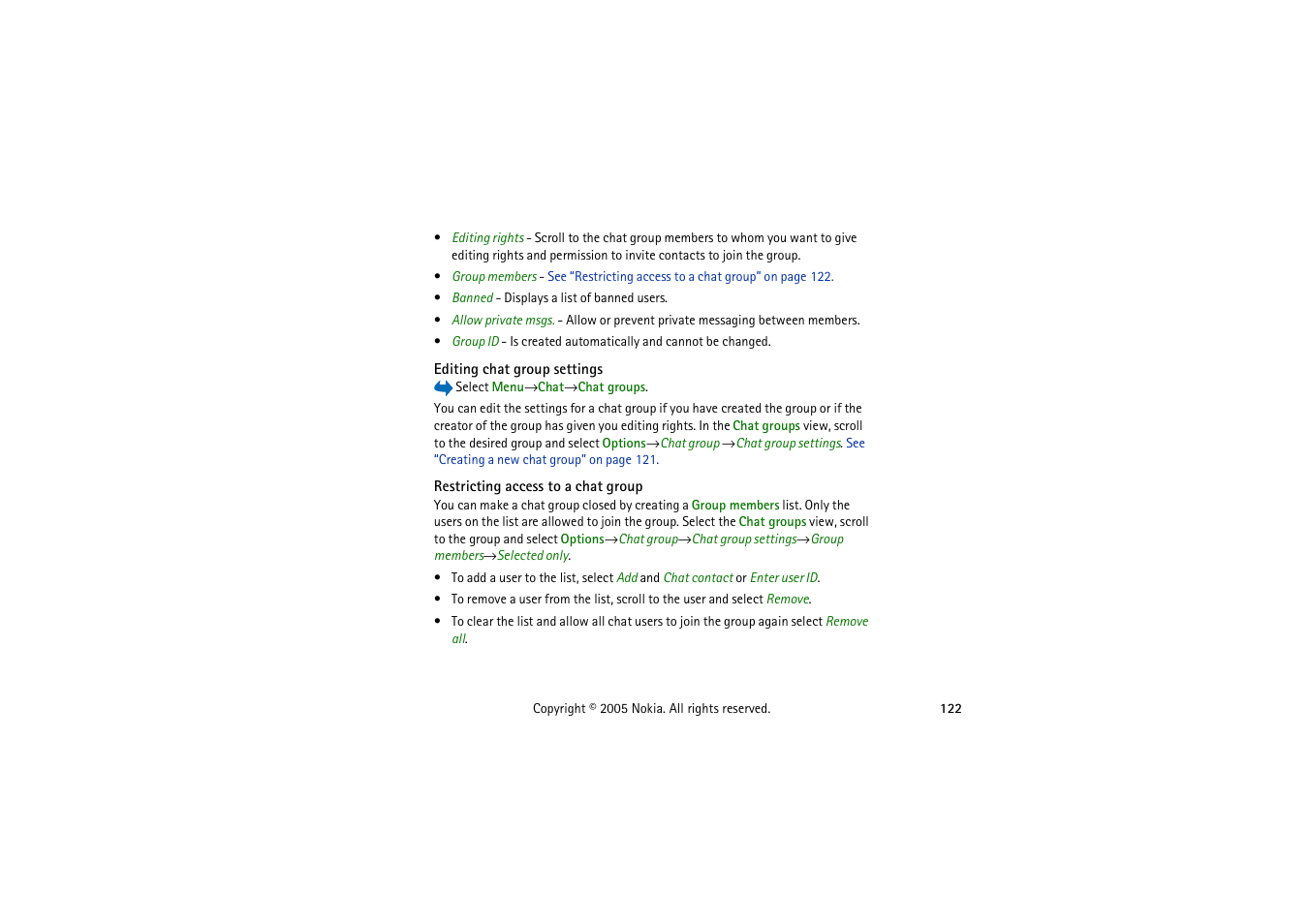 Editing chat group settings, Restricting access to a chat group | Nokia 3230 User Manual | Page 122 / 210