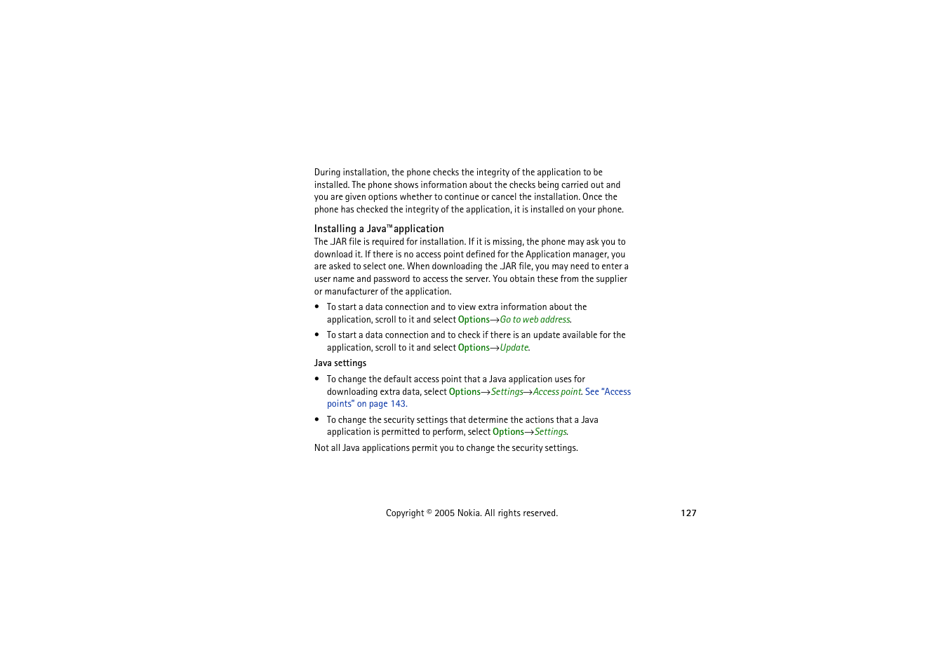 Installing a java, Installing a java™application | Nokia 3230 User Manual | Page 127 / 210