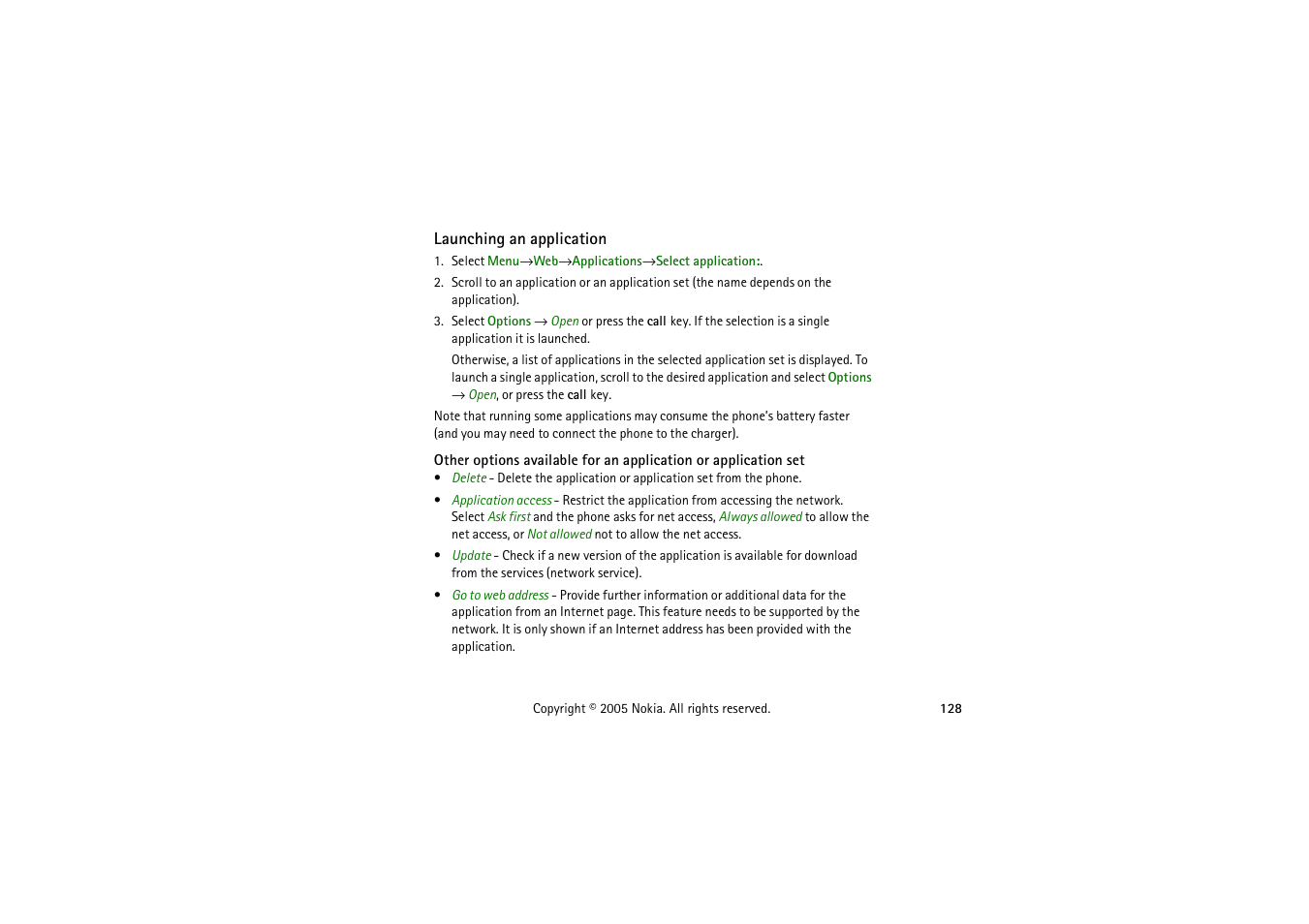 Launching an application | Nokia 3230 User Manual | Page 128 / 210