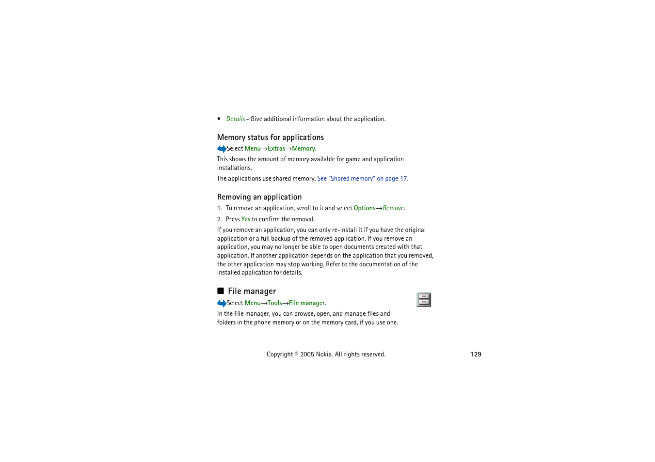 Memory status for applications, Removing an application, File manager | Nokia 3230 User Manual | Page 129 / 210