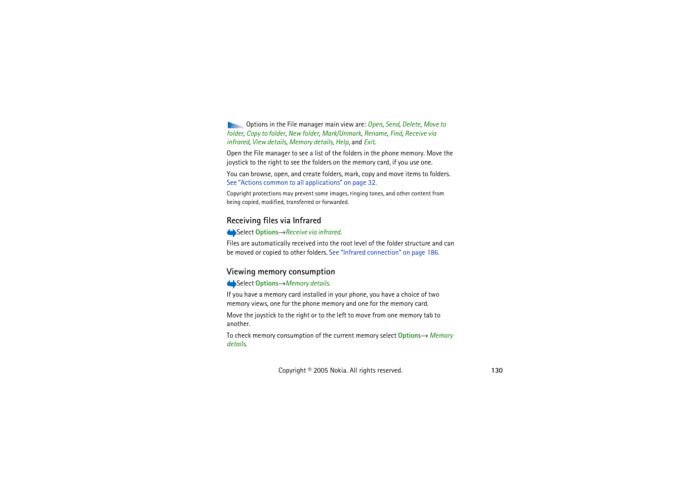 Receiving files via infrared, Viewing memory consumption | Nokia 3230 User Manual | Page 130 / 210