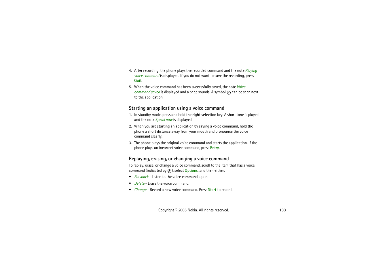 Starting an application using a voice command, Replaying, erasing, or changing a voice command | Nokia 3230 User Manual | Page 133 / 210