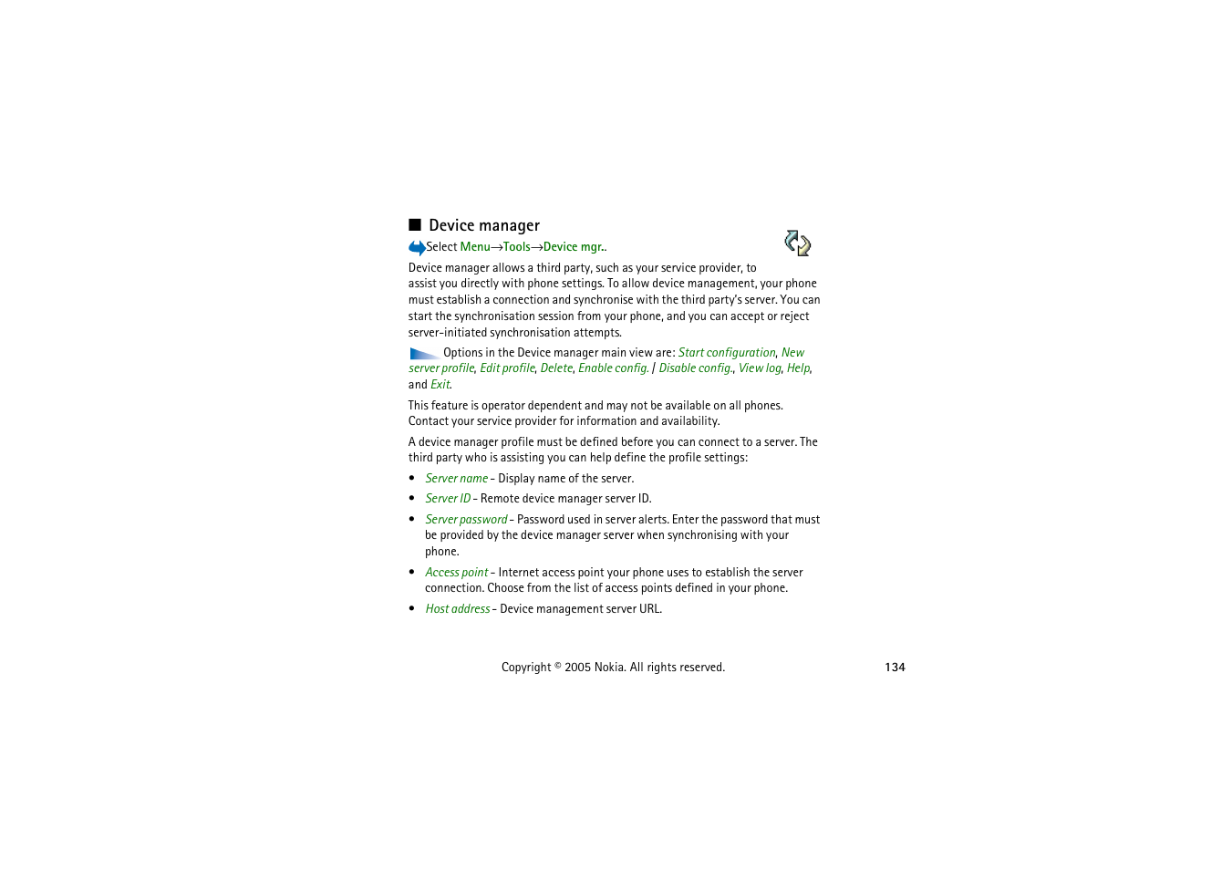 Device manager, Recorder | Nokia 3230 User Manual | Page 134 / 210