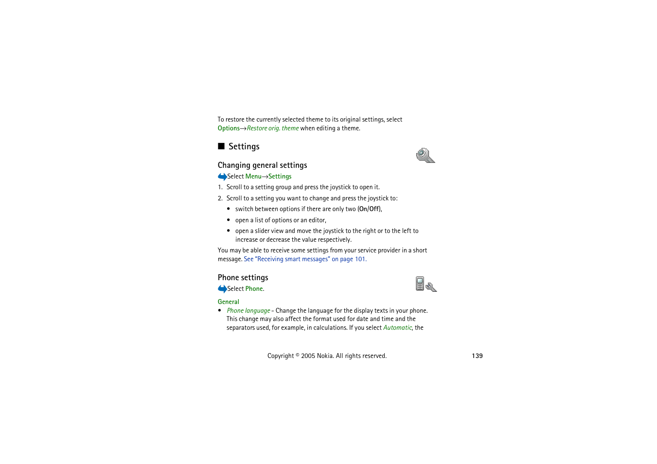 Settings, Changing general settings, Phone settings | Changing general settings phone settings | Nokia 3230 User Manual | Page 139 / 210
