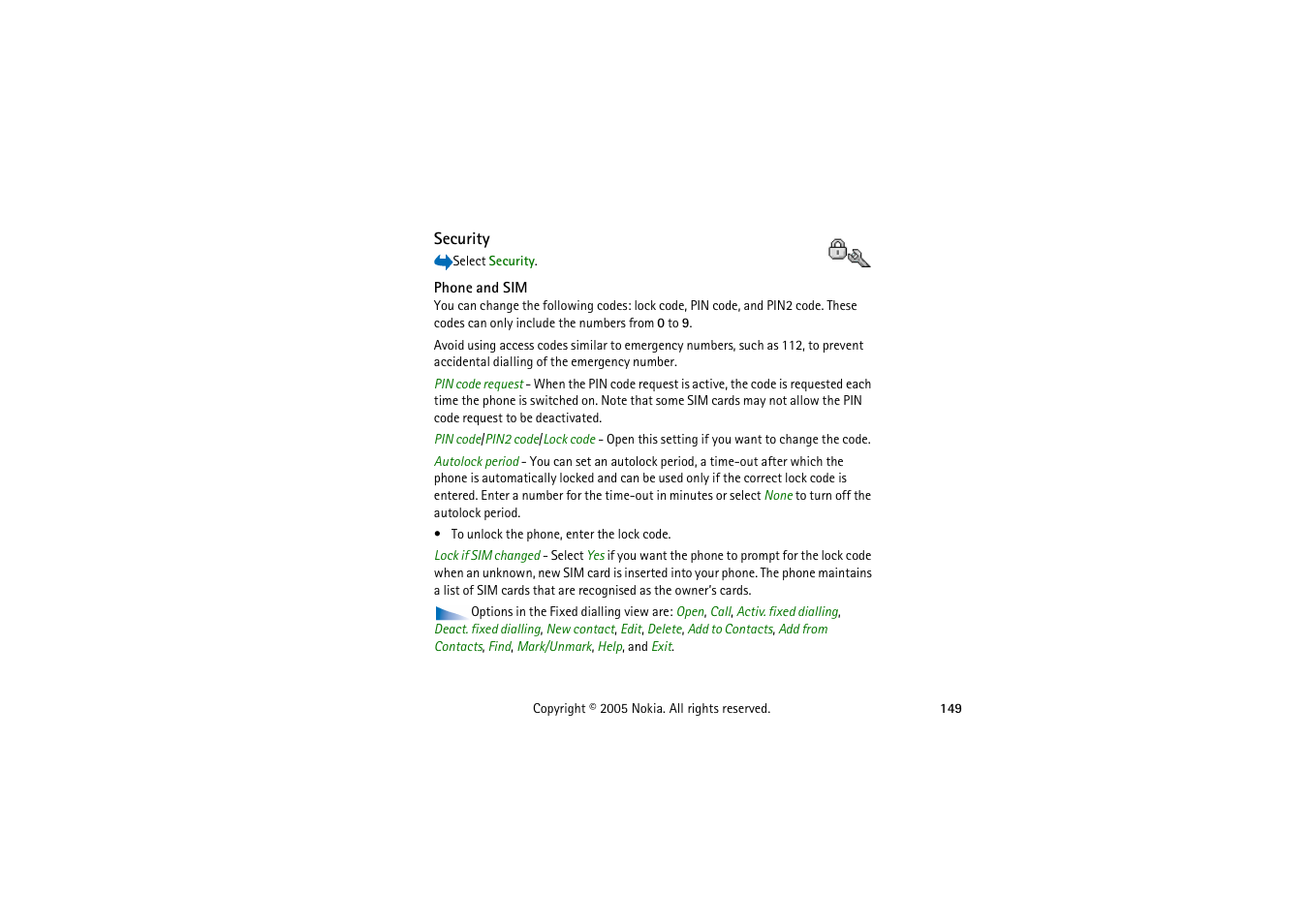 Security, Phone and sim | Nokia 3230 User Manual | Page 149 / 210