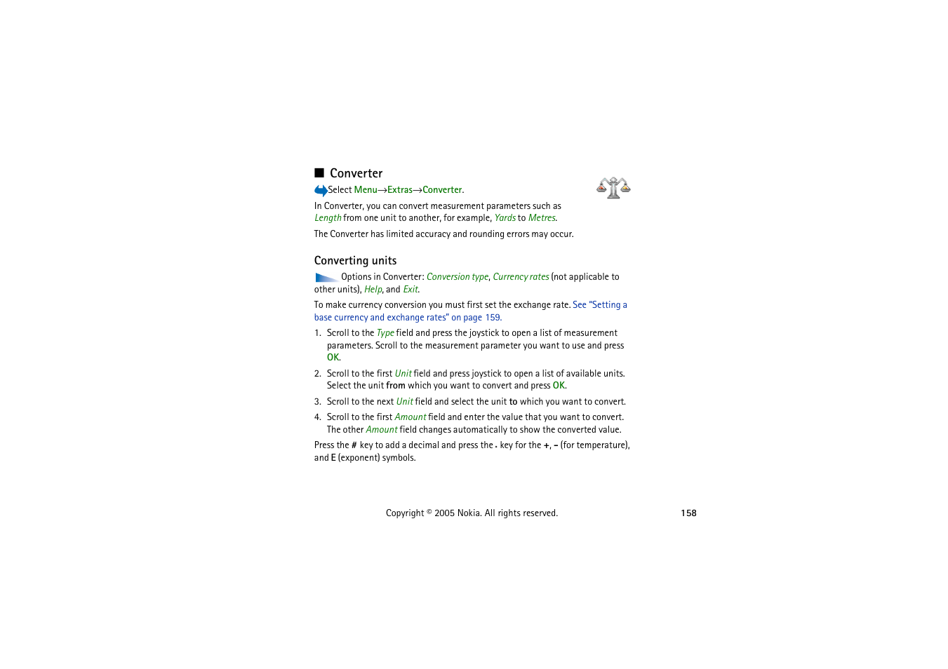 Converter, Converting units | Nokia 3230 User Manual | Page 158 / 210
