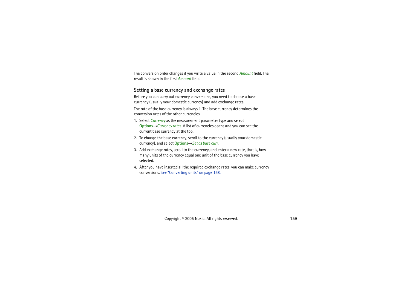 Setting a base currency and exchange rates | Nokia 3230 User Manual | Page 159 / 210