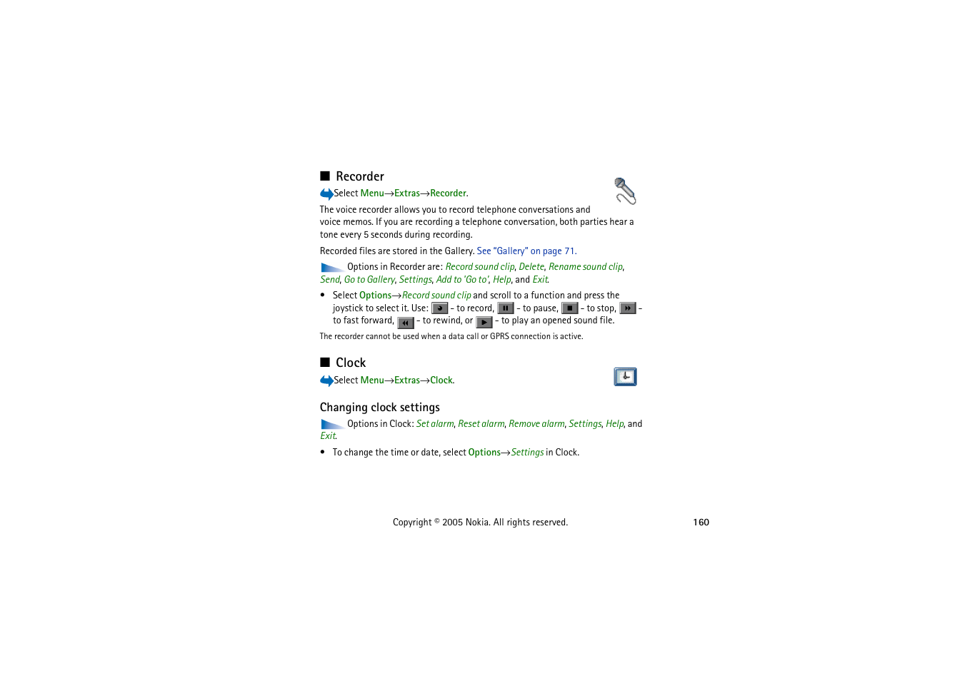 Recorder, Clock, Changing clock settings | Keys and commands used in browsing | Nokia 3230 User Manual | Page 160 / 210