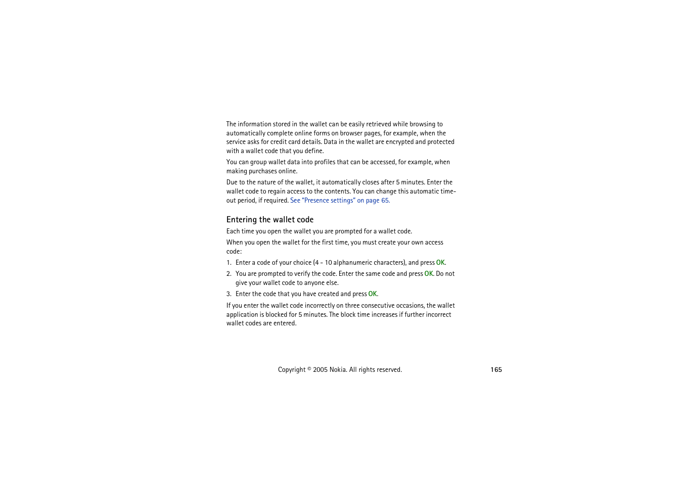 Entering the wallet code | Nokia 3230 User Manual | Page 165 / 210