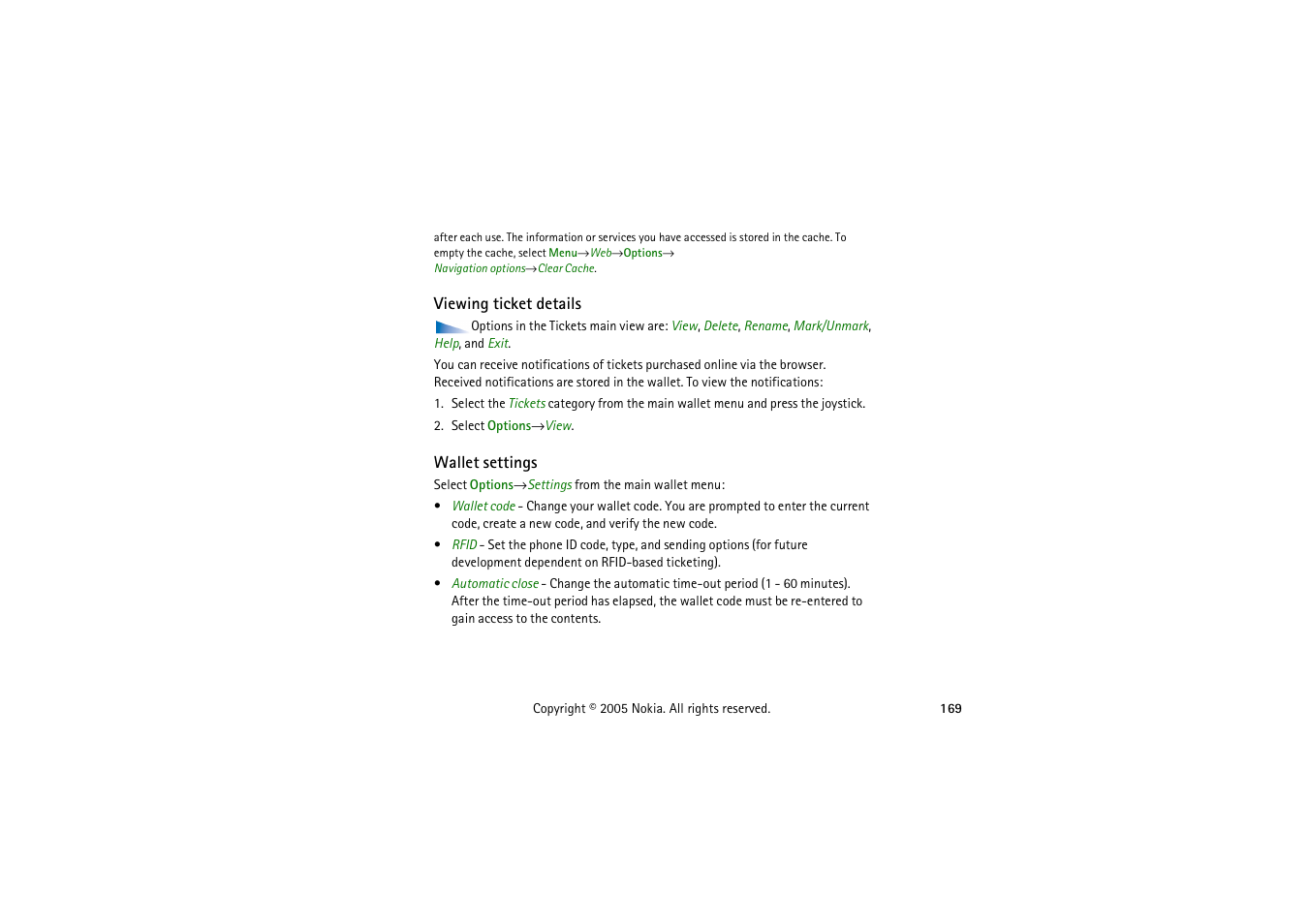 Viewing ticket details, Wallet settings, Viewing ticket details wallet settings | Nokia 3230 User Manual | Page 169 / 210