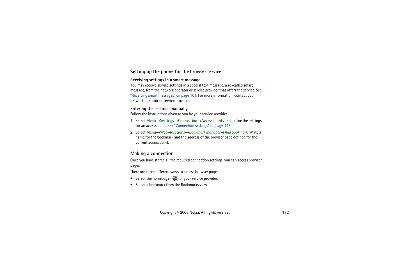 Setting up the phone for the browser service, Receiving settings in a smart message, Entering the settings manually | Making a connection, See “making a connection | Nokia 3230 User Manual | Page 172 / 210