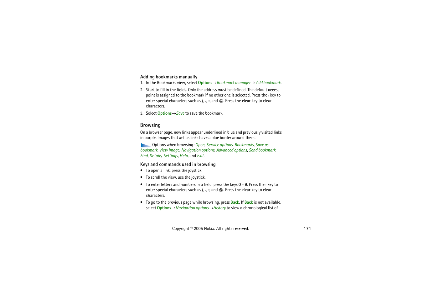 Adding bookmarks manually, Browsing, Keys and commands used in browsing | Nokia 3230 User Manual | Page 174 / 210