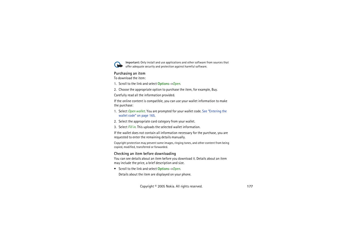 Purchasing an item, Checking an item before downloading | Nokia 3230 User Manual | Page 177 / 210