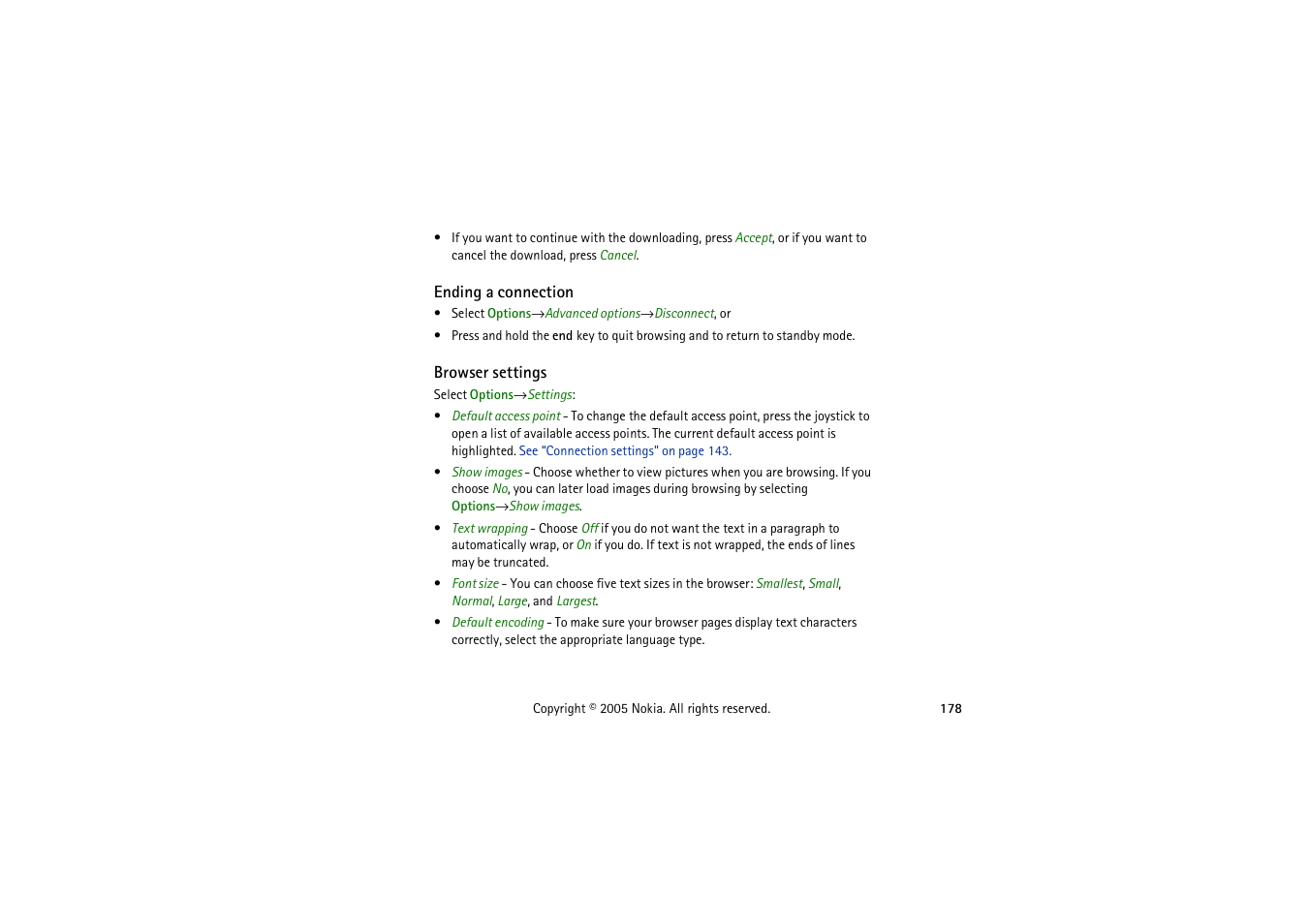 Ending a connection, Browser settings, Ending a connection browser settings | Nokia 3230 User Manual | Page 178 / 210
